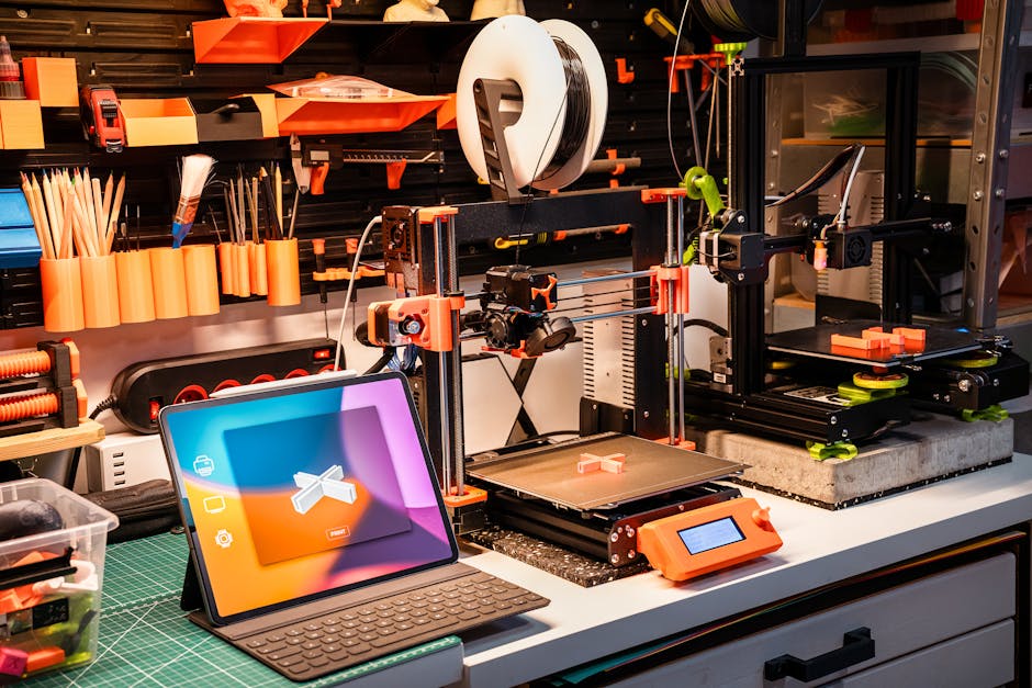 A high-tech workshop featuring 3D printers and a tablet on a desk